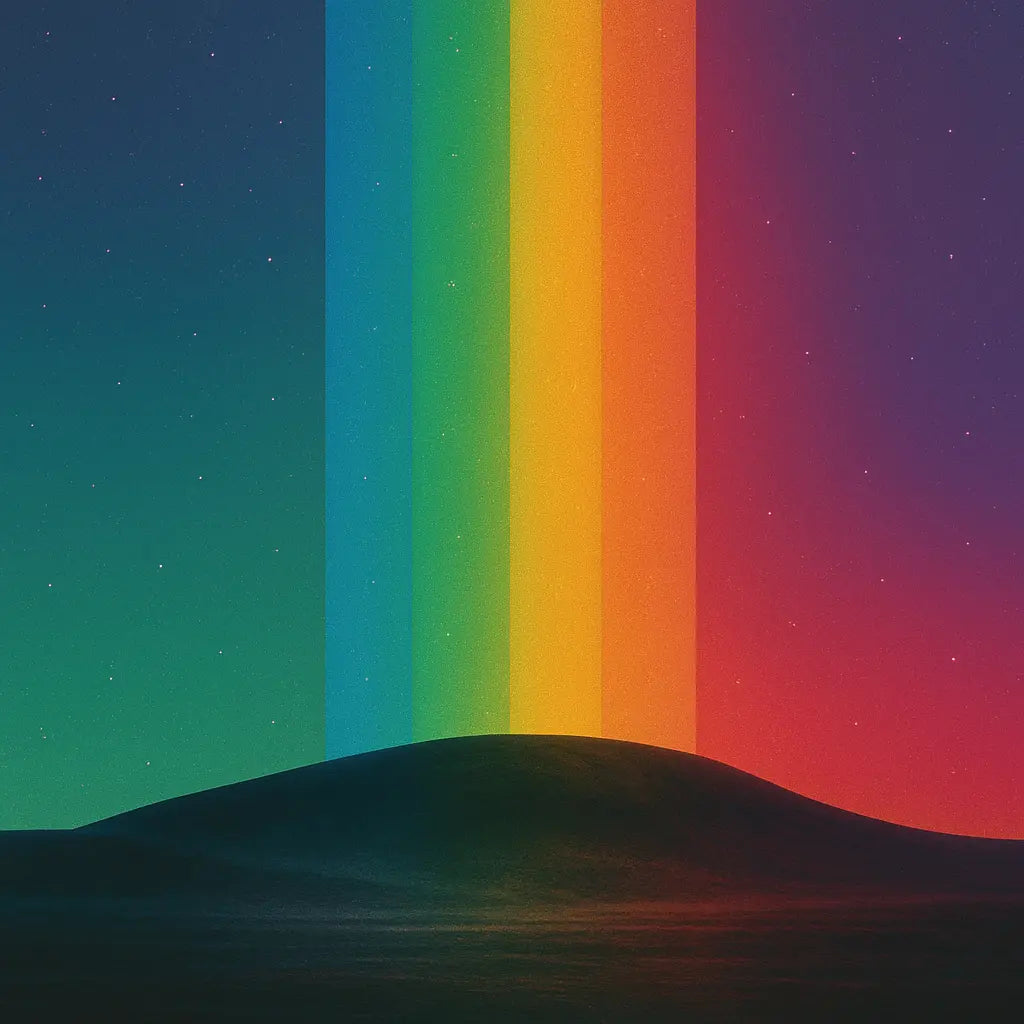 Colorful rainbow over a dark landscape with a starry sky. Playbutton Media Ventures, LLC.
