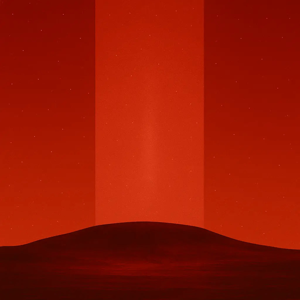 Red landscape with a central vertical light source. Playbutton Media Ventures, LLC.