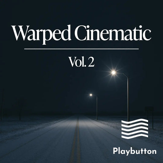 Album cover for 'Warped Cinematic Vol. 2' with a dark road scene and streetlights. Playbutton Media Ventures, LLC.