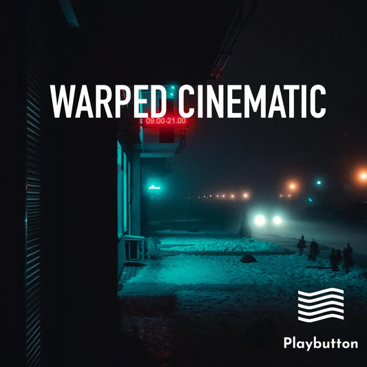 Album cover for 'Warped Cinematic' with a snowy scene and 'Playbutton' logo. Plaaybutton Media Ventures, LLC.